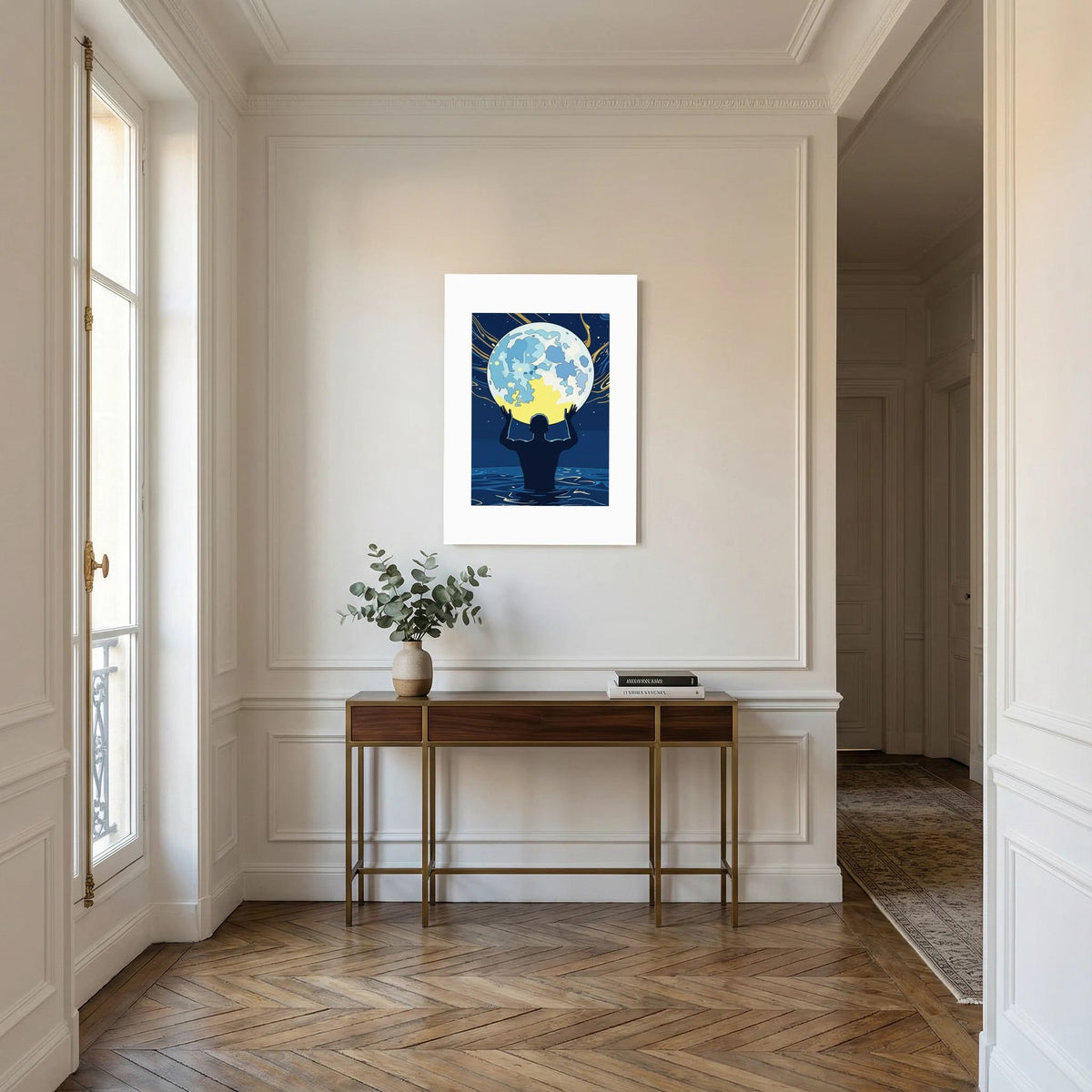 Man Holding the Earth in Water Art Print | Starry Night Silhouette Wall Art