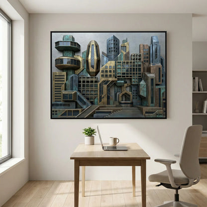 3D Style Futuristic Cityscape – Bronze & Verdigris Skyline, Printed Flat on Canvas