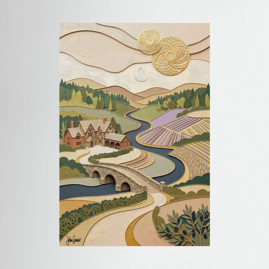 Paper-Cut Style Countryside River Valley – Stone Bridge & Manor House, Printed Flat on Canvas