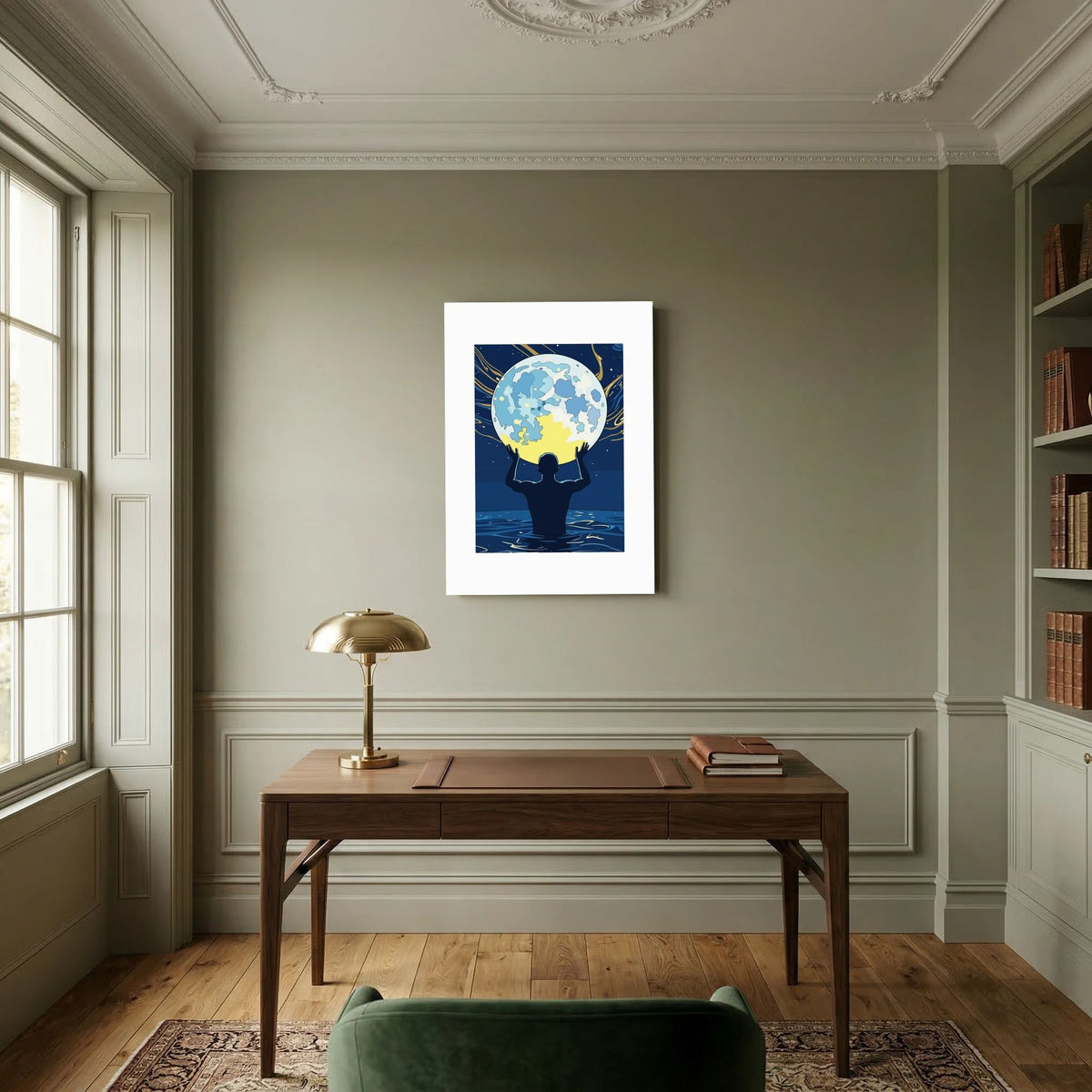 Man Holding the Earth in Water Art Print | Starry Night Silhouette Wall Art