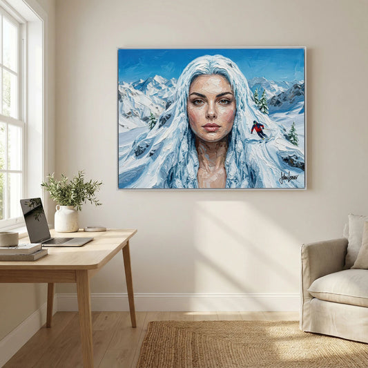 SNOW QUEEN– Woman as Sonwy Mountain Landscape, Surreal Oil Painting Print, Nature Canvas Art 