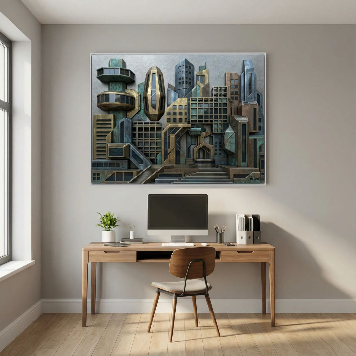 3D Style Futuristic Cityscape – Bronze & Verdigris Skyline, Printed Flat on Canvas