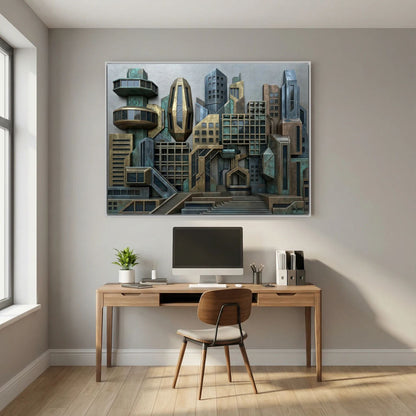 3D Style Futuristic Cityscape – Bronze & Verdigris Skyline, Printed Flat on Canvas