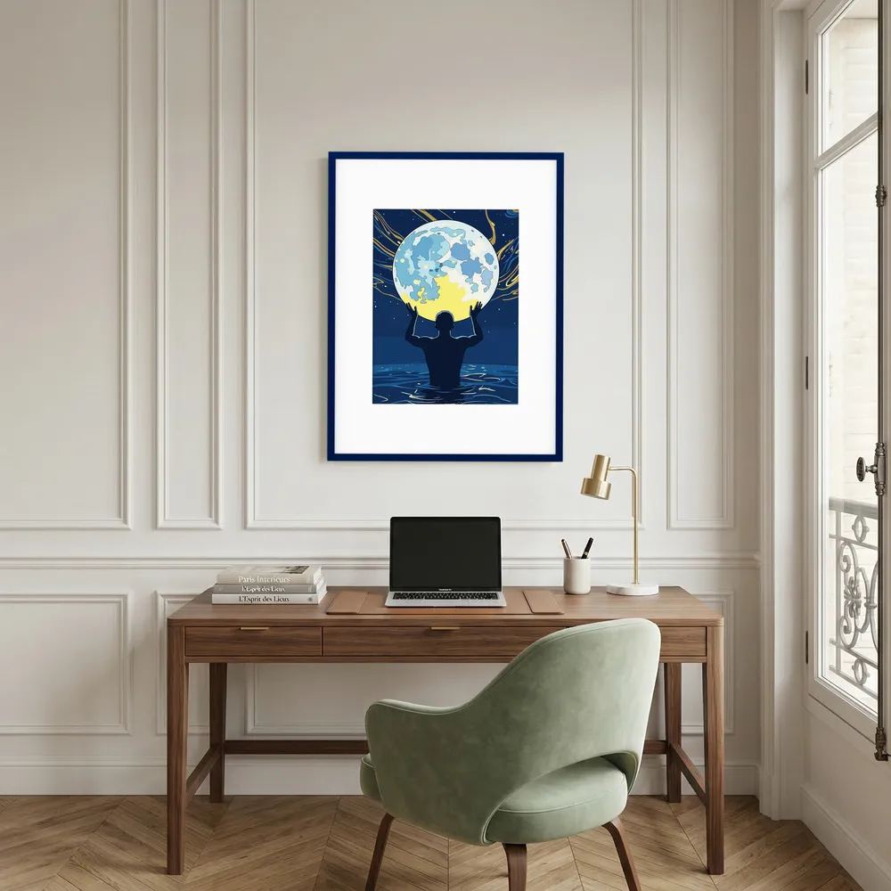Man Holding the Earth in Water Art Print | Starry Night Silhouette Wall Art