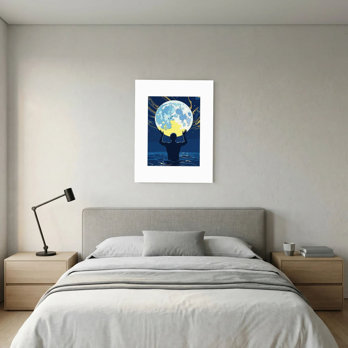 Man Holding the Earth in Water Art Print | Starry Night Silhouette Wall Art