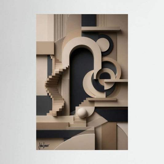 Paper-Cut Style Art Deco Staircase – Beige & Charcoal Tones, Printed Flat on Canvas