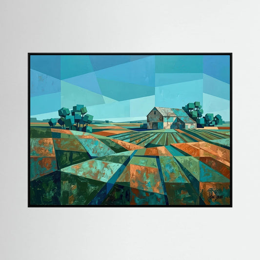 "Patchwork Farm" – Geometric Countryside Landscape Canvas Print