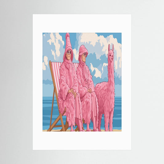 Pink Fur Robe Couple with Llama Beach Print | Surreal Fashion Wall Art